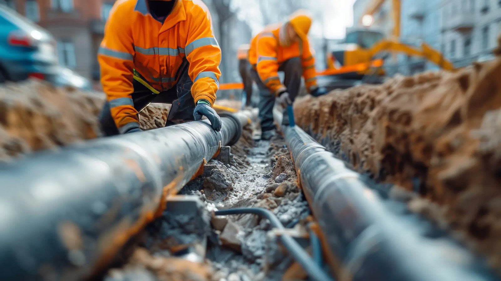 Crew working on a large pipeline repair in a trench