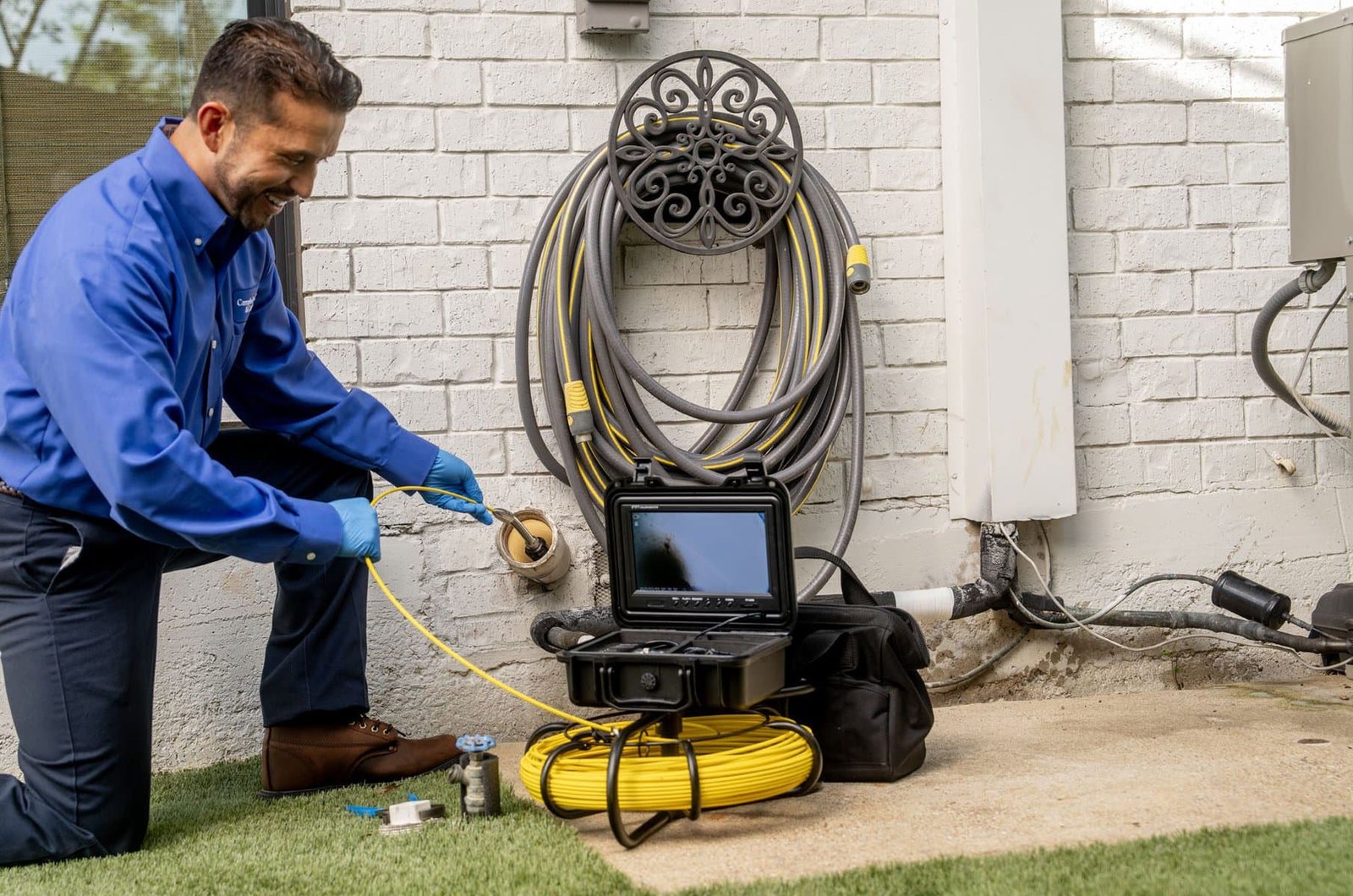 Plumber running a sewer camera inspection with a monitor outside a home