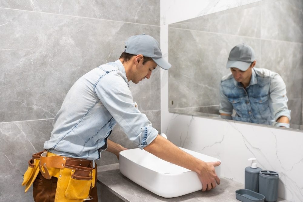 Plumber installing a sink