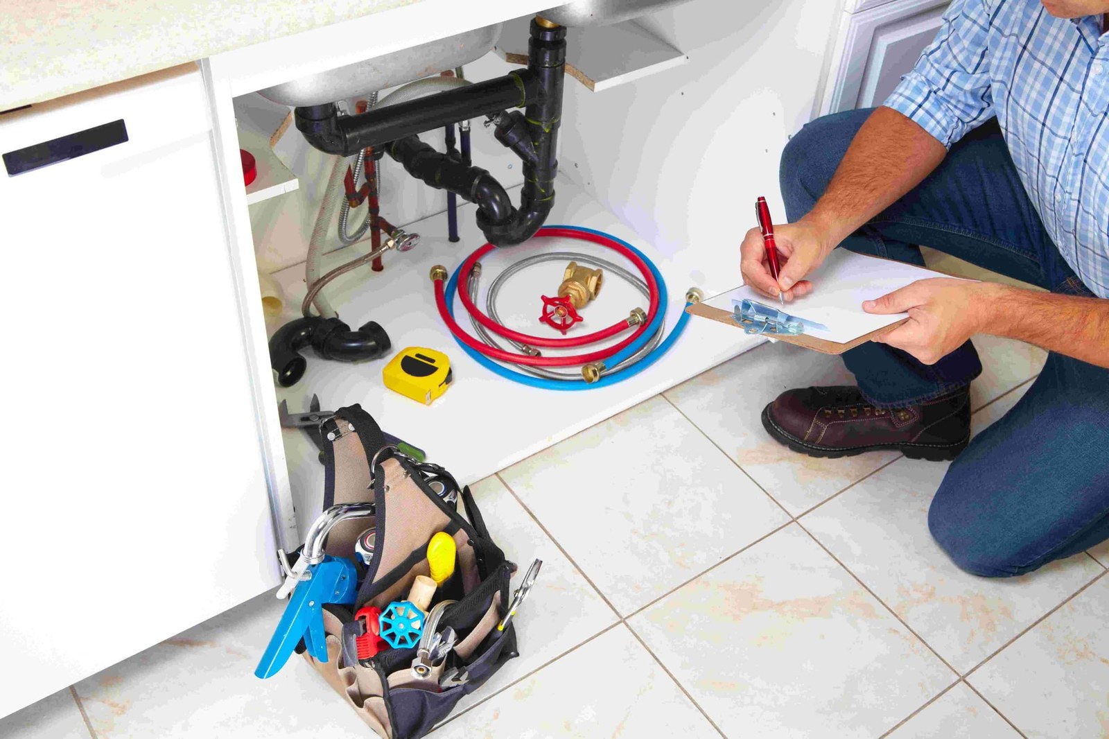 Plumber inspecting pipes and fittings under a kitchen sink with a clipboard